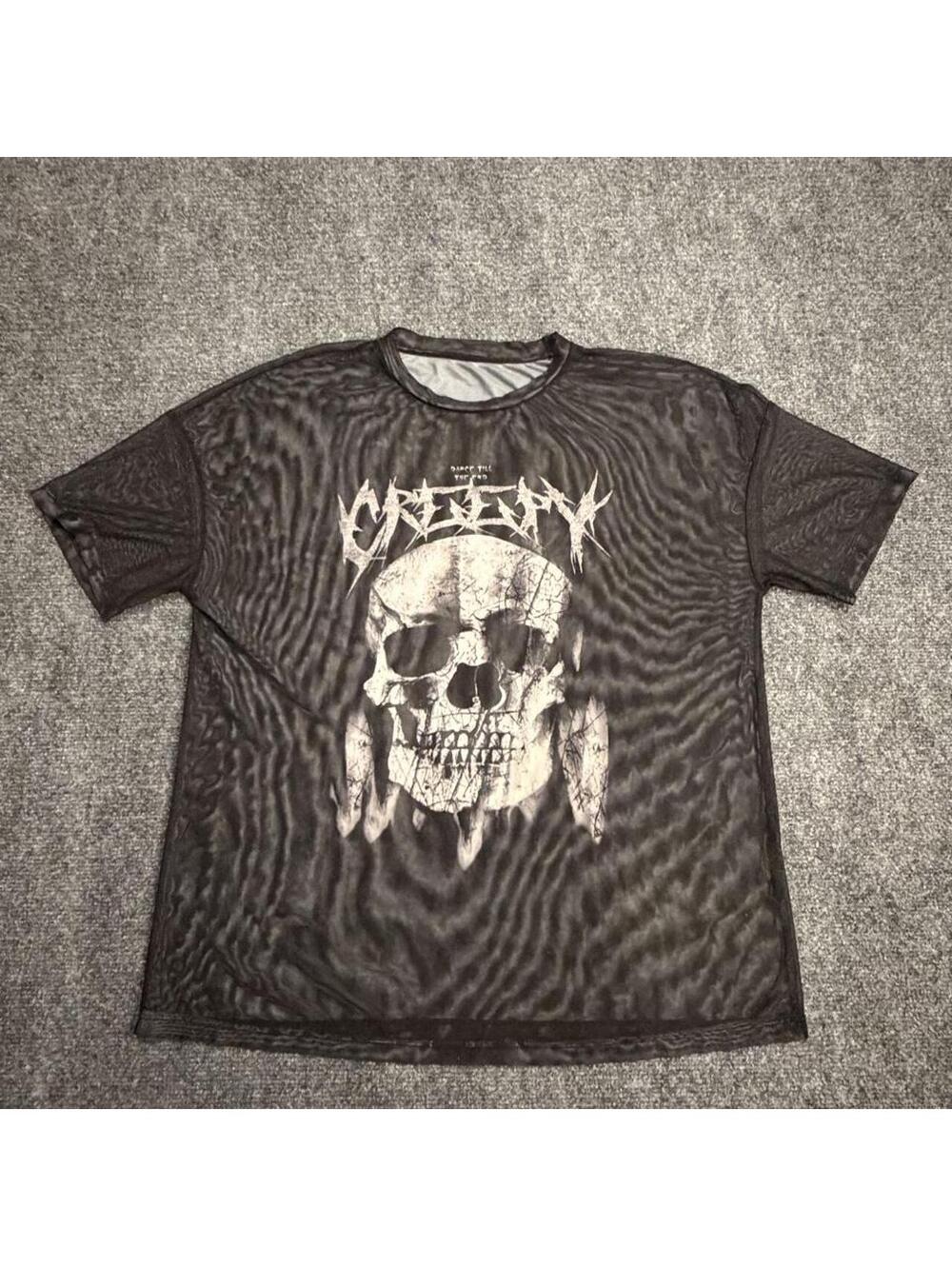 Creepy skull mesh shirt, perfect for concerts or over a tank top women’s size L